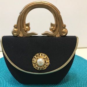 Vintage Black Satin Evening Bag Gold Handle